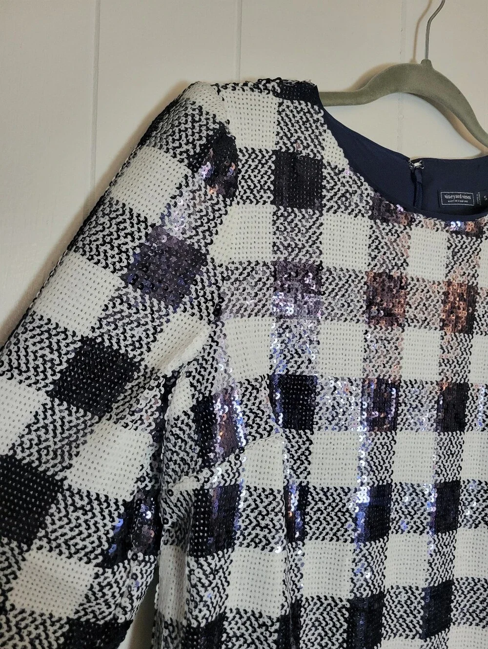 Vineyard Vines Buffalo Check Sequin Dress Blue & White Shift Formal Party Glam S